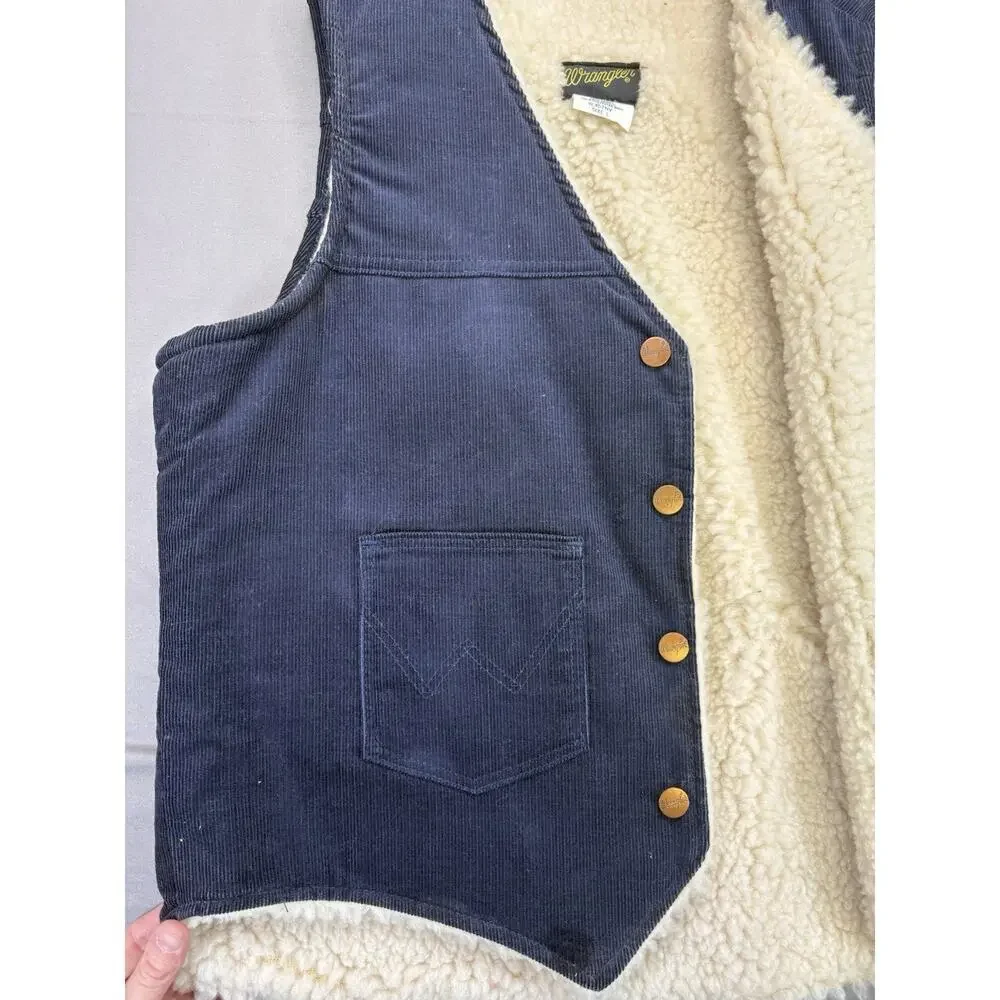Vintage 80’s Wrangler Sherpa Lined Blue Corduroy Vest Men’s Large USA Made